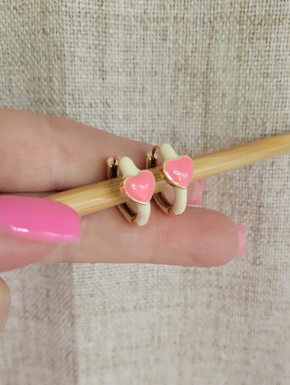 Preppy Pink Heart Enamel Hoop Earrings